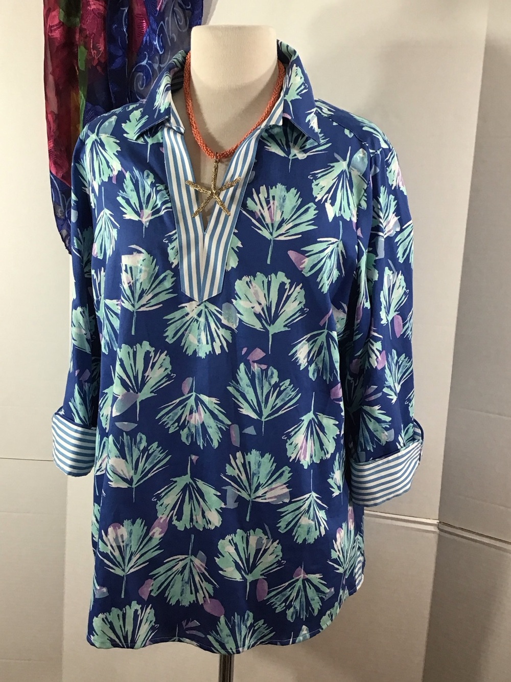 Foxcroft Blue cotton tropical print V-neck Nora tunic with Striped Trim 14